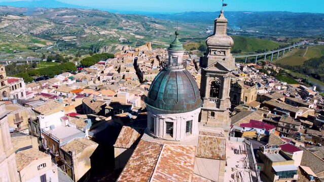 Aerial view of the Cathedral of San Giuliano and the cityscape, Caltagirone, Sicily, Italy