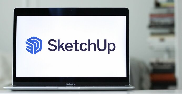 Logo of SketchUp displayed on the screen of a laptop