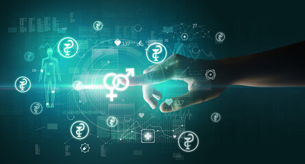 Doctor hand pressing futuristic health device with medical symbol on screen