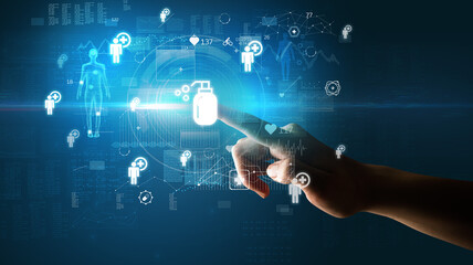 Doctor hand pressing futuristic health device with medical symbol on screen
