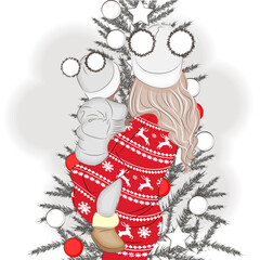 Stylish mother and son admiring the Christmas tree vector illustration