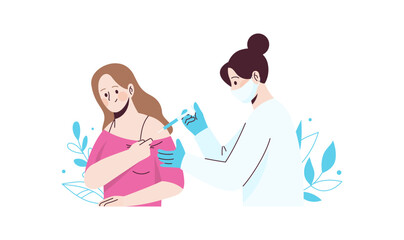 Nurse gives an injection to young woman. Vaccination concept. Flat style illustration