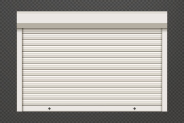White closed roller garage shutter door with realistic texture mockup. Metal protect system for shops and stores. Vector illustration of steel gate of house or warehouse. Roller up blinds.