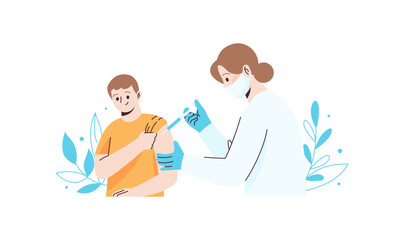 Nurse gives an injection to young boy. Vaccination concept. Flat style illustration