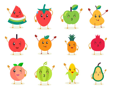 Collection of different funny cartoon fruits with happy faces. Flat vector illustration.