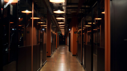 Corridor of modern business center office, e-commerce marketing company, real estate corporation with doors and separate offices, illuminated by lamps