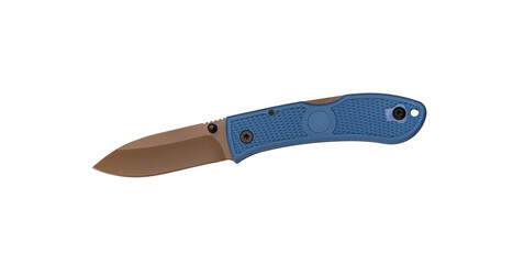 Pocket folding knife isolate on white back. Compact metal sharp knife with a folding blade.
