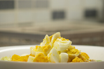Salad with egg and peppers freshly prepared on kitchen counter