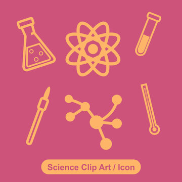 Simple line clip art of science supplies icons on a pink background