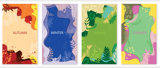 Four vector backgrounds with plants and twigs. Seasons of the year.Paper cut background. 