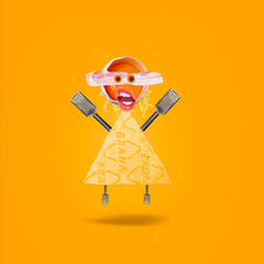 Fototapeta Contemporary art collage. Carbonara pasta theme. Funny graphics on a yellow background.
Character of Parmesan cheese, yolk, graters for cheese and tagiatelle pasta.
Crazy style. Modern food concept. obraz