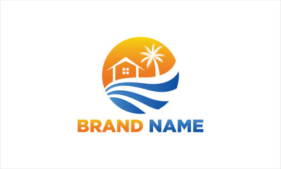 Holiday home with Beach logo modern vector icon template design