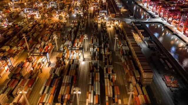 time lapse aerial view of ningbo harbor at twilight