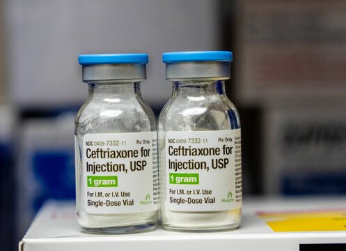 View of two bottles of Ceftriaxone for injection 1gram placed over the box