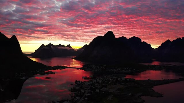 pink sunset Lofoten Islands Norway. Reine Lofoten is an archipelago in the county of Nordland, Norway. Aerial view