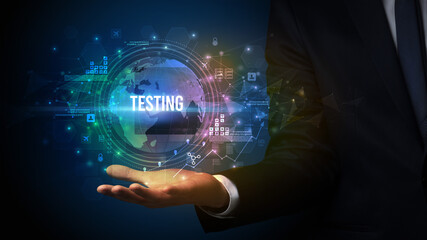 Elegant hand holding technology-related inscription