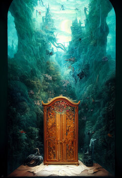 Concept art illustration of magic wardrobe underwater kingdom