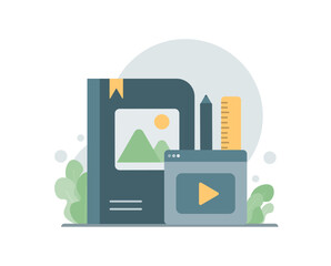 Concept of e-learning, online education, home schooling, web courses, tutorials. Vector illustration.