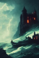 Hyper-realistic illustration of a lightning over a castle and a stormy sea