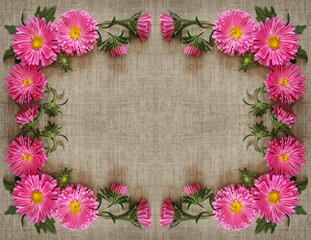 Pink aster flowers in a floral frame on beige canvas