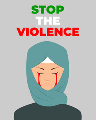 Poster Stop the Violence. Bloody tears. Iran protests. Freedom. Stop violence. A woman with a mole. Blue Hijab.