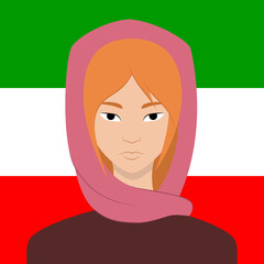 Portrait of a woman. Pink Hijab. Iranian flag. Redhead woman. 
