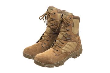 Modern army combat boots. New desert beige shoes. Isolate on a white back.