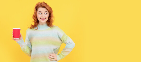 Woman isolated face portrait, banner with copy space. happy red haired woman drink coffee. take away beverage. cheerful girl drinking tea.