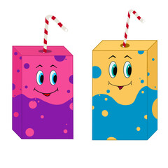 Baby juice, two juice boxes. Live food with eyes. Drawn drink, PNG
