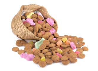 Jute bag with ginger nuts and sweets. isolated on transparent background