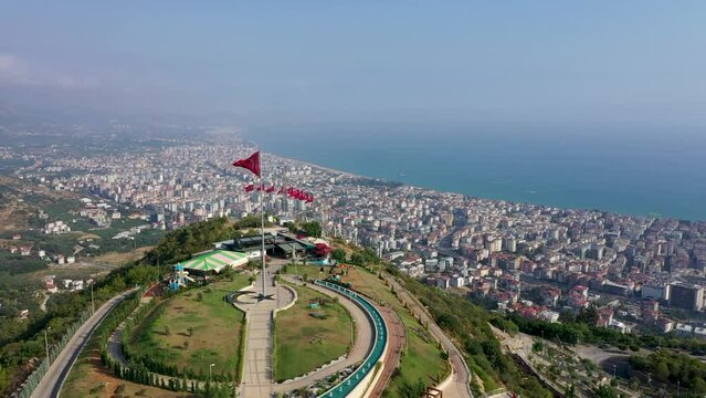 Turkish flag in the park of Alanya aerial shoot