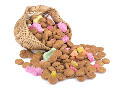 Jute bag with ginger nuts and sweets. isolated on transparent background