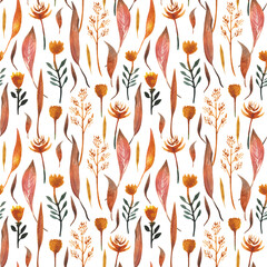 Obraz na płótnie Canvas Hand drawn watercolor seamless pattern with autumn leaves, dried flowers. For design on the theme of Halloween, Thanksgiving, autumn farm fairs