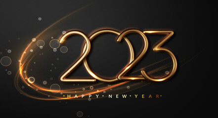 Fototapeta na wymiar 2023 New year with Abstract shiny wave design element on dark background. Festive premium concept template for holiday Calendar, poster design.