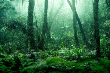 Green jungle landscape with plants and trees