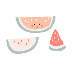 Cute watermelon fruit slice in pastel color. Healthy vegetarian food and ripe vector illustration set