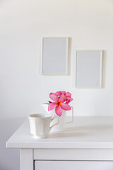 Plumberia rumba in a mug, and cup of coffee on a white table against a wall with two frames. Ready...