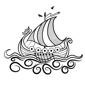Ancient vikings ship with shields stencil vector