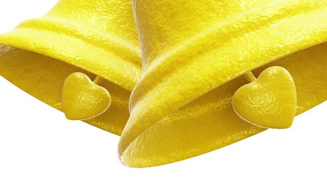 Closeup camera realistic looping 3D animation of two swinging stylish lemon peel Love Christmas bells rendered in UHD with alpha matte