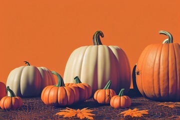 Pumpkins with different sizes on an orange background as Halloween decorations