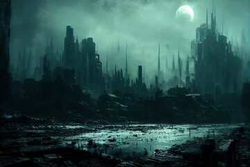 Illustration of a 3D-rendered dark and foggy dystopian city with the moon in the sky