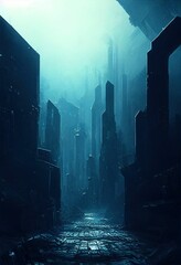 Vertical illustration of a 3D-rendered dark and foggy dystopian city