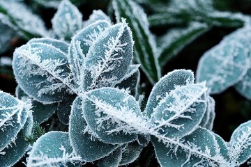 Obraz premium Closeup shot of frozen green plants in a garden during winter