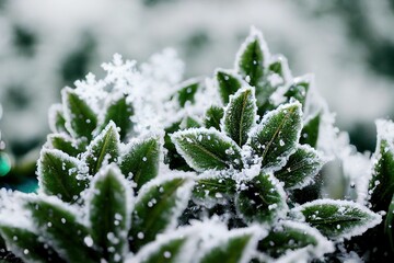 Closeup shot of frozen green plants in a garden during winter