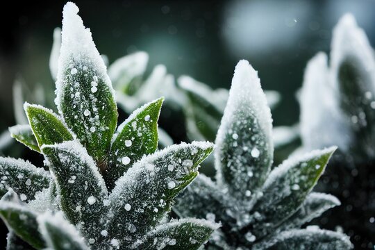 Closeup shot of frozen green plants in a garden during winter
