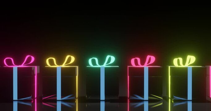 3d render with colorful gift boxes with ribbons and reflections