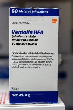 Vertical view of a Ventolin HFA placed over another box