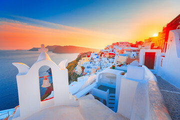 Santoriny, Greece. Beautiful sunset scenery, view of traditiolan greek islandish atchitecture
