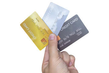 Hand holding credit card isolated on white background.