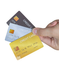 Hand holding credit card isolated on white background.